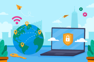 Ein Globus mit Standortmarkierungen, verbunden durch Linien, daneben ein Laptop mit einem Sicherheitsschloss-Symbol auf dem Bildschirm, im Hintergrund eine Stadtlandschaft mit WLAN-Symbol und fliegenden Papierfliegern.