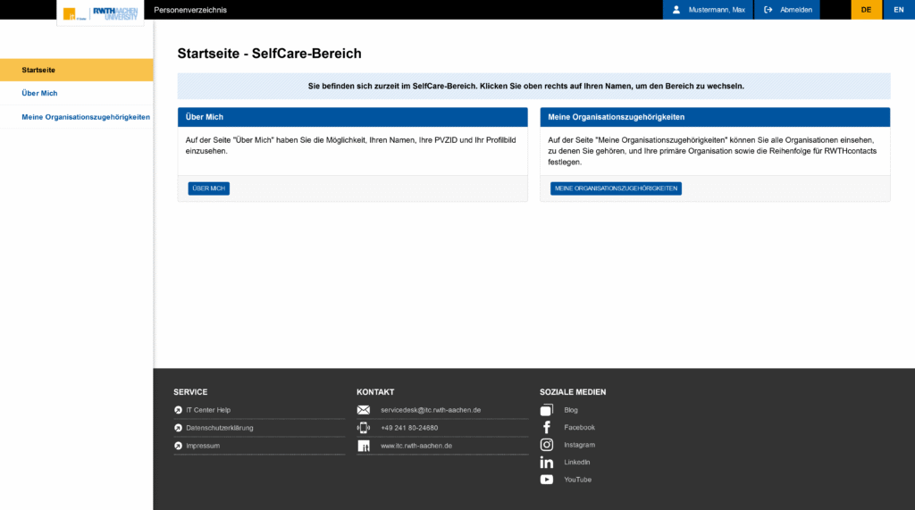 Die Startseite des SelfCare-Bereichs im Personenverzeichnis