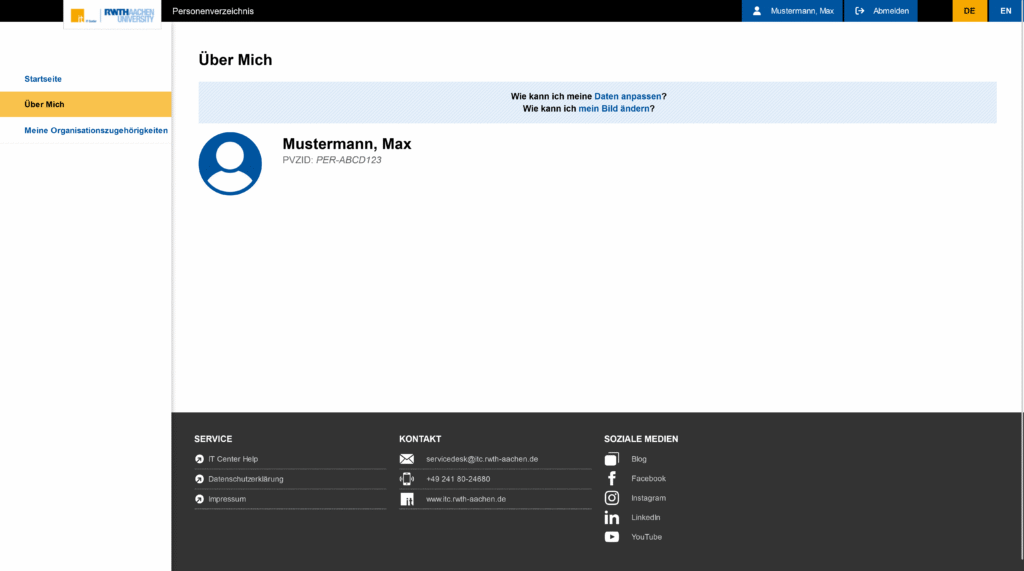 Die Seite des Menüpunkts "Über Mich" im Personenverzeichnis