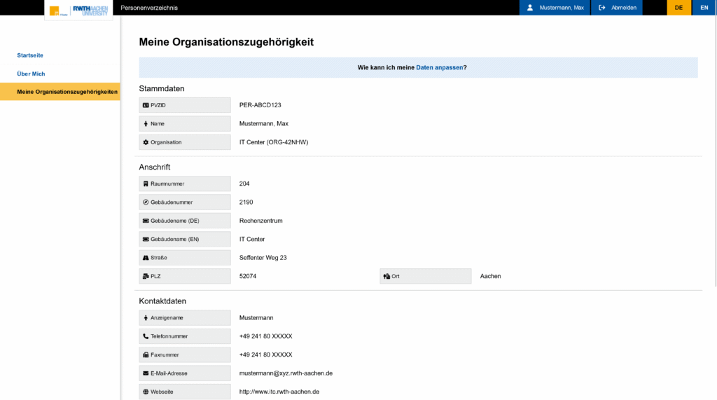 Beispiel Organisation in "Meine Organisationszugehörigkeit" aufgerufen, man sieht Stammdaten, Anschrift und Kontaktdaten