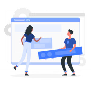 Grafik von zwei Personen, die gemeinsam Elemente in eine große Benutzeroberfläche einsetzen