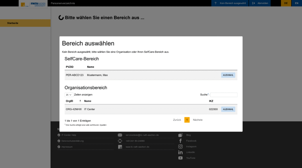 Bereichsmodal im Personenverzeichnis, in dem man "SelfCare-Bereich" oder "Organisationsbereich" auswählen kann