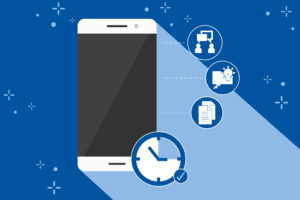 Illustration of a smartphone with a clock icon, alongside icons for chat, ideas, and documents on a blue background.
