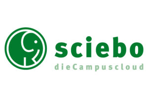 sciebo Logo: ein grüner Elefant in einem Kreis, daneben steht "sciebo", darunter "dieCampuscloud"