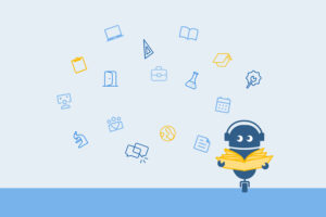 a robot with open books under floating symbols of education, technology, science, and communication on a light blue background