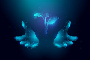 Digital illustration: Two hands made of blue light points and lines hold a small plant with two leaves against a dark background.