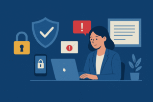 Frau am Laptop, umgeben von Symbolen für Informationssicherheit wie Schloss, Schild, Smartphone, Warnzeichen.