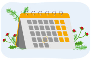 Calendar page in monthly view with Christmas decorations next to it