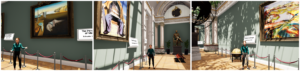 A virtual museum guide presents three different paintings in a VR museum.