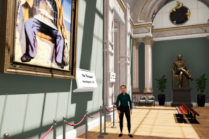 A virtual museum guide presents a painting in a VR museum
