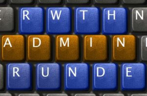 Keyboard with the lettering “RWTH ADMIN RUNDE” highlighted in color.