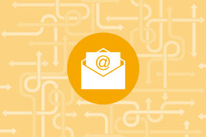 An open envelope containing a piece of paper with an @ symbol. Light yellow background with intertwined arrows.