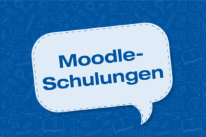 Weiße Sprechblase auf blauem Hintergrund mit dem Text "Moodle-Schulungen"