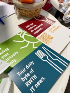 A close-up of colorful information cards on a table.