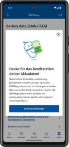 Smartphone darauf die RWTHapp und der Text "Danke für das Bereitstellen deiner Akkudaten!"