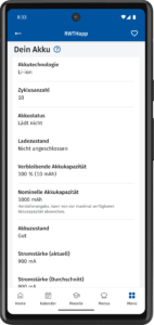 Smartphone darauf die RWTHapp und eine Auflistung von Akkudaten