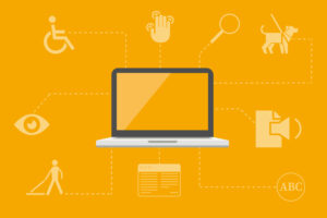 ein Laptop umgeben von Symbolen für barrierefreie Technologien wie Bildschirmleser, Sprachausgabe und Mobilitätshilfen