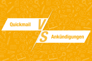 Yellow background with white text fields containing the words “Quickmail VS Announcement” in yellow