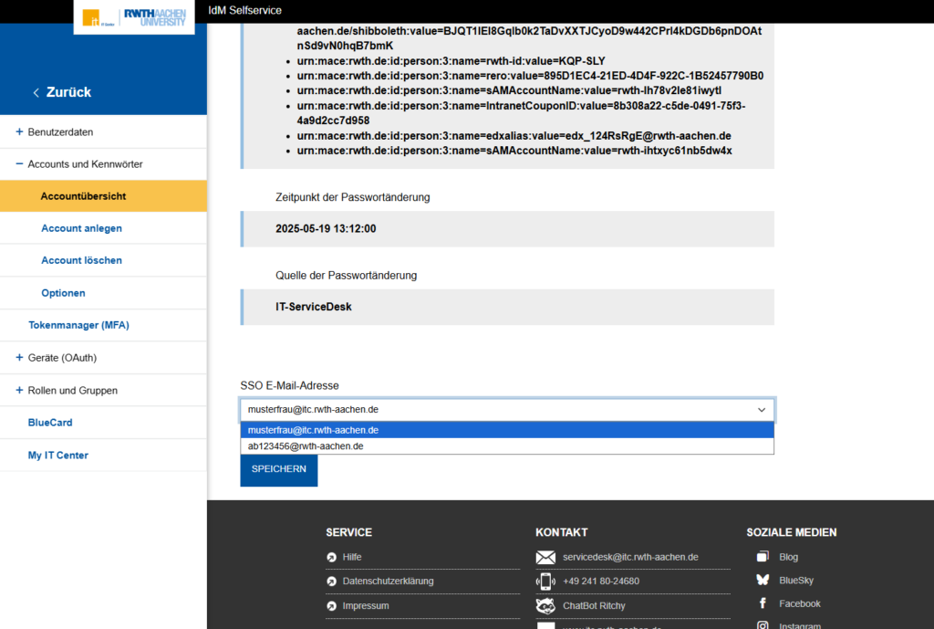 Screenshot des RWTH Aachen IdM SelfService: Ansicht Account Übersicht mit Dropdown zur Auswahl der SSO E-Mail-Adresse und Button „Speichern“.
