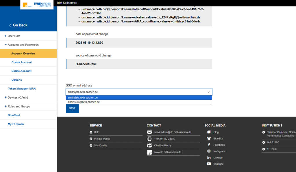 Screenshot of the RWTH Aachen IdM SelfService: Account Overview screen with a dropdown menu for selecting the SSO e-mail address and a “Save” button.