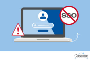 Laptop mit Loginmaske, Warnsymbol und durchgestrichenem SSO‑Schriftzug, unten rechts Coscine‑Logo.