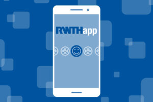 Graphic depiction of a smartphone featuring the RWTHapp logo and a row of smiley icons, with a smiling face in the center.
