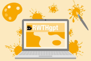Illustration eines Laptops mit RWTHgpt Logo, mit Malutensilien und Farbkleksen.
