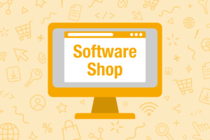 Computer in der Mitte, auf dem „Software Shop“ steht