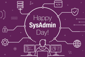 Illustration zum Thema SysAdmin Day mit einer Person vor einem Computer, umgeben von diversen Symbolen aus dem Bereich IT.