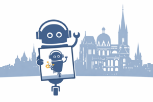 A robot is holding up a picture of itself, with the stylized silhouette of Aachen in the background