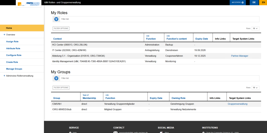 The IdM Roles and Groups Management home page; in the middle, you can see a list of your roles, and below that, your groups.