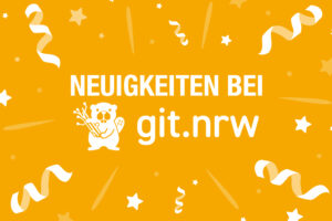 "Neuigkeiten bei git.nrw" auf gelbem Hintergrund mit Konfetti und git.nrw Logo
