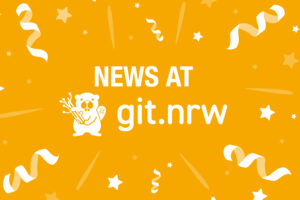 “News at git.nrw” on a yellow background with confetti and the git.nrw logo
