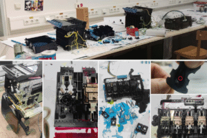 Collage of disassembled printer parts during the attempted repair