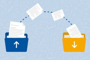 Illustration of printed pages being moved from a blue folder to a yellow folder.