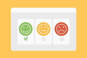 Drei Smiley-Symbole für Feedback – grün (glücklich mit Haken), gelb (neutral), rot (traurig) – auf gelbem Hintergrund.