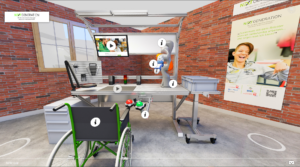Foto inklusiver Arbeitsplatz: Rollstuhl vor Arbeitstisch mit Roboter, Werkzeugen und Visualisierungsmonitor