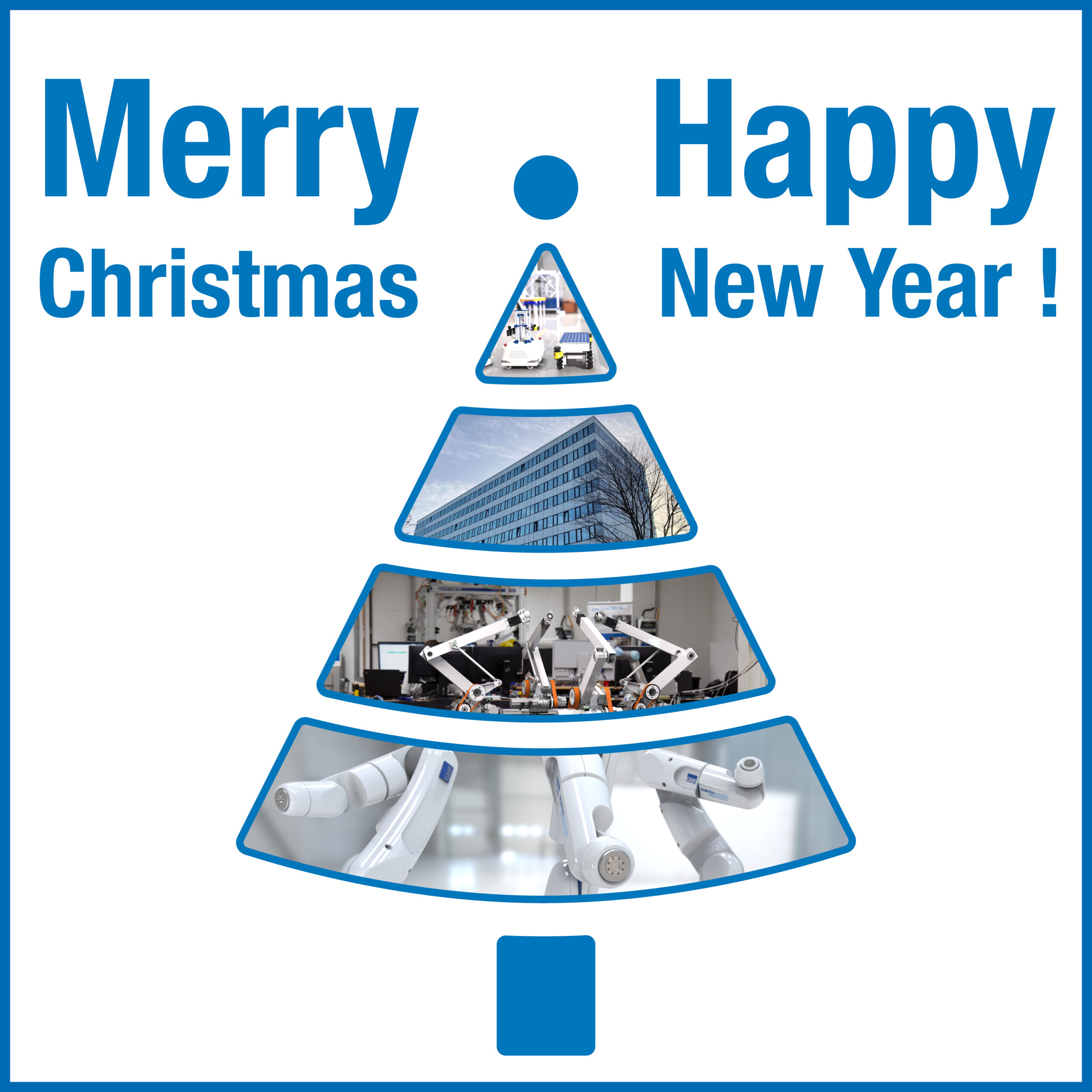 Merry Christmas and a happy new Year! Weihnachtsbaum mit Fotos des IGMR (Roboter / Gebäude)