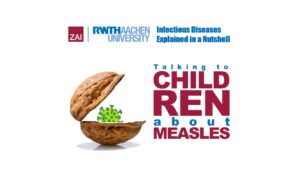 Titel: The nutshell logo with the virus symbol inside, next to it the Text: Talking to children about measles