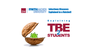 The nutshell logo with the virus symbol inside, a text says: Explaining TBE 2 Students